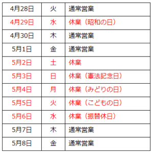 アクアパック・2026年ゴールデンウィーク営業日カレンダー